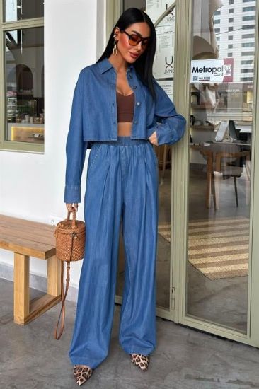 Denim Gömlek Plazzo Pantolon Takım 10163-08 resmi